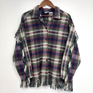 Vintage Country Seat Nuovo Fringe Flannel Green Blue‎ Size L